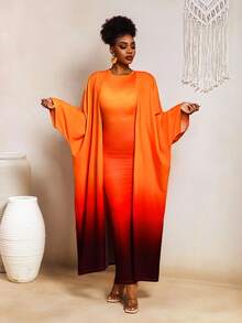 BamGleam Set de 2 piezas: Bata suelta con efecto ombré y vestido ajustado sin mangas - Multicolor - Ver 3