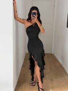 Coolane Women's Spring/Summer Party Streetwear Casual Chic Vacation Outfits Date Night Stretchy Bustier Asymmetrical Neck Off Shoulder Ruffle Dress For Elegant - Black - View 5