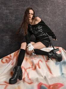 Sugerpunk Women's Thick Sole Lace-Up Design Fashionable Versatile High Heel Ankle Boots - Black - View 3