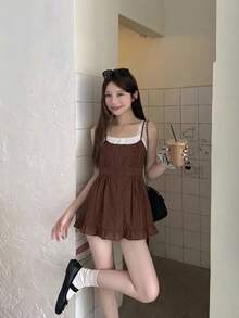 DAZY 女士格子撞色夏季蕾丝边吊带背心 - 咖啡棕 - 查看 4