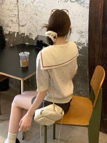 DAZY 女士撞色爱心系带短袖针织上衣，甜美风格，夏季百搭 - 杏色 - 查看 2