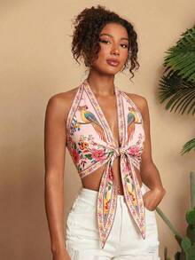 Travachic 女士花卉鹦鹉印花系带休闲度假约会露背上衣，热带鹦鹉和棕榈树印花，适合春夏、海滩度假、优雅外出，系带上衣，性感夏日上衣 - 彩色 - 查看 4