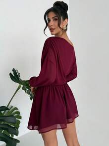 Firerie Women's Burgundy Elegant Autumn Chiffon Mini Dress,Asymmetrical Shoulder Ruffle Waist A-Line Off Shoulder Dress For Wedding Guest,Dinner Date,Party - Burgundy - View 5