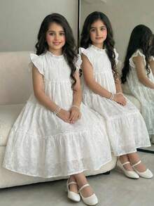 SHEIN Tween Girl Casual Vacation Elegant Floral Embroidered Woven Patchwork Tiered Ruffle Loose Cap Sleeve Dress, White, Spring/Summer - White - View 1