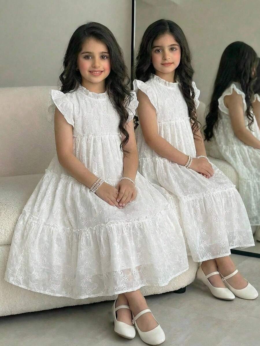 SHEIN Tween Girl Casual Vacation Elegant Floral Embroidered Woven Patchwork Tiered Ruffle Loose Cap Sleeve Dress, White, Spring/Summer - White - View 1