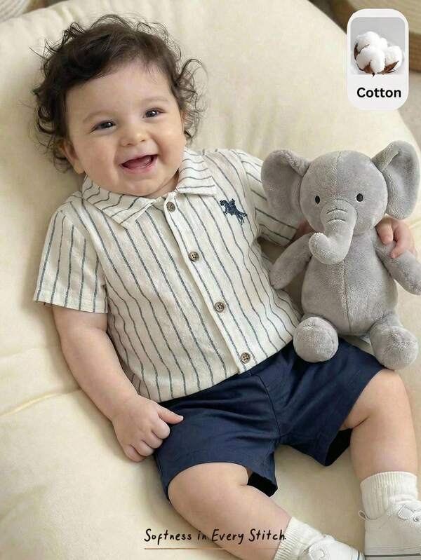 Cozy Pixies Baby Boy Blue & White Striped Collar Short Sleeve Horse Embroidery Shirt With Elastic Waist Shorts 2-Piece Set, Suitable For Spring/Summer Occasions Like Birthday Party, Christening, 1st Birthday Celebration, Gala, Performance, Wedding As Elegant, Wedding Guest, Pageboy, Ring Boy