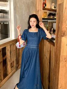 DAZY 复古方领拉链后背收腰花瓣袖牛仔连衣裙，女士夏季款 - 藍色 - 查看 2