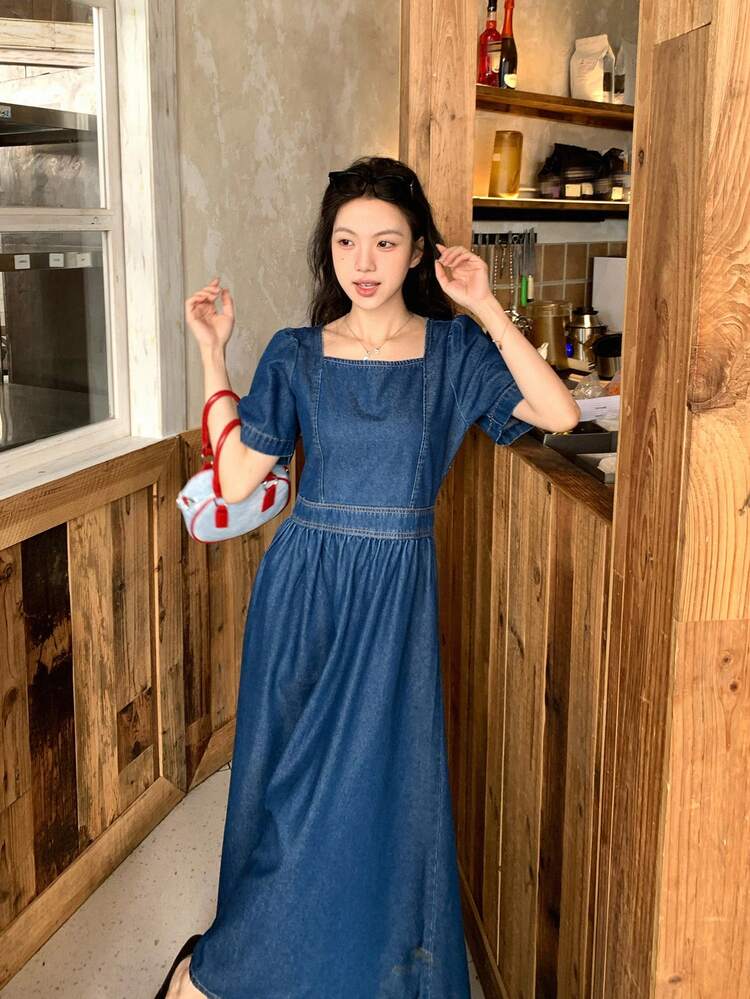 Retro Square Collar Zipper Back Waist Cinching Petal Sleeve Denim Dress For Women Summer