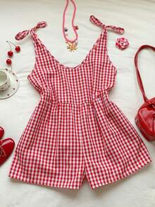 SHEIN EZwear 女士格子打结露肩休闲连体裤 - 咖啡棕 - 查看 7