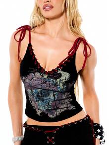 SUMWON WOMEN Gothic Tank Top With Lace Up Detail And Graphic Print Contrast Straps For Alternative Fashion - Black - View 5