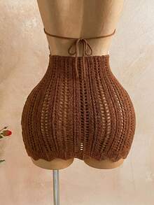 Soleia 女士度假浪漫性感蓝色V领修身海星装饰露背蝴蝶结针织迷你连衣裙，休闲、约会、下午茶、海滩、邮轮、公路旅行、音乐节、派对、波西米亚风、嬉皮风、西部风，可内可外穿，适合所有季节 - 咖啡棕 - 查看 8