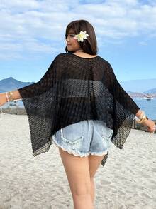 SHEIN EZwear Spring/Summer New Casual Versatile Poncho-Style Loose Knit Asymmetric Pullover Top, Suitable For Outings, Parties, Music Festivals, Back To School, Graduation, Vacation, Weddings, Streetwear, Exploring, City Walks, Plus Size Women, Summer Tops - Black - View 2