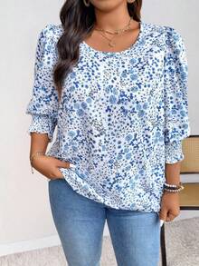 SHEIN PETITE Plus Size Women Casual Fitted Round Neck Ditsy Floral 3/4 Sleeve Blouse ,Petite Women - Blue and White - View 8