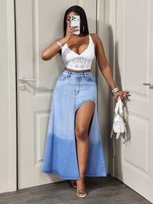 BamGleam Chân váy denim xẻ cao, kiểu dáng thường ngày, màu ombre dành cho nữ. - Rửa nhẹ - Xem 7
