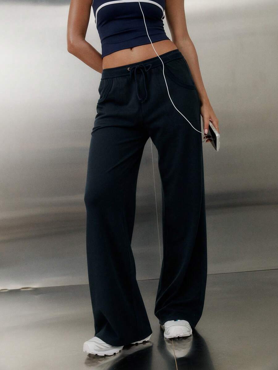 Aralina Leisurewear Active Women's Textured Waffle Fabric Low Rise Wide Leg Gym Workout Pant - Navy Blue - View 1