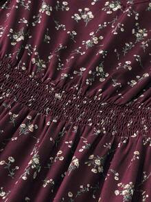 SHEIN Unity 女式花卉印花腰带短款飘袖 A 字形连衣裙新年服装长款女装 - 紅色 - 查看 3