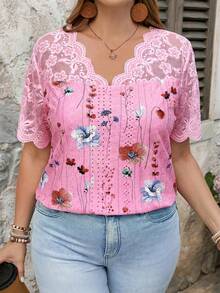 SHEIN LUNE Áo thun ngắn tay cổ chữ V in hoa phối ren dành cho nữ cỡ lớn, kiểu dáng thường ngày đa năng, thích hợp mặc hàng ngày, áo kiểu nữ mùa hè, áo blouse nữ cỡ lớn, áo và áo kiểu nữ đẹp, áo sơ mi nữ mùa hè, áo ren nữ, áo blouse nữ thường ngày, áo blouse cỡ lớn. - Hồng - Xem 5