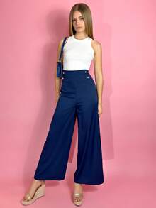 Aless PB 女士高腰显瘦阔腿藏蓝色长裤，适合通勤。 - 藏蓝色 - 查看 6