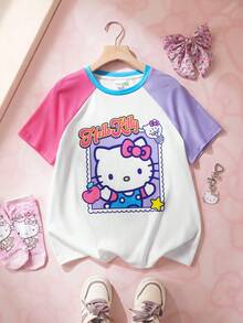 HELLO KITTY AND FRIENDS | SHEIN 少女可爱卡通猫印花休闲圆领插肩袖舒适T恤 - 彩色 - 查看 7
