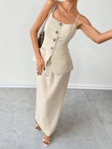 Ritzy Row Women's Linen Camisole And Midi Skirt Set, Fitted Silhouette, Elegant Elegant, Suitable For Street Style, Commuting, Outing, And Dating In Spring And Summer - Khaki - View 5