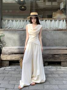 DAZY 2pcs Women Satin Crinkle Tie-Neck Blouse And Relaxed Pants Suit, Elegant Set Short Sets For Women Summer - Apricot - View 4