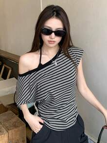 DAZY 女士条纹不对称肩短袖性感T恤 夏季 - 黑與白 - 查看 6