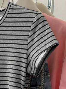 INAWLY Áo thun nữ tay ngắn cổ tròn xếp ly, kiểu dáng thường ngày, đa năng. - Xám - Xem 4