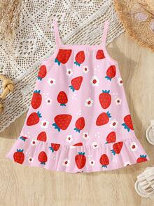 SHEIN Vestido sin mangas con volantes y estampado de flores y fresas, de uso diario cómodo para niñas bebés y pequeñas, de estilo casual, creativo y lindo, para primavera y verano - Multicolor - Ver 5