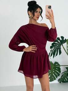 Firerie Women's Burgundy Elegant Autumn Chiffon Mini Dress,Asymmetrical Shoulder Ruffle Waist A-Line Off Shoulder Dress For Wedding Guest,Dinner Date,Party - Burgundy - View 7