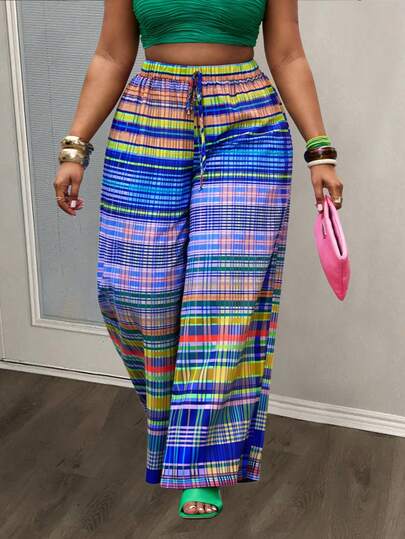 Slaydiva 2026 Spring/Summer New Arrival, Music Festival, Easter, St. Patrick's Day, Western, Nomadic, Birthday Party, Graduation, College Style, Student Wear, Daily Casual, Basic Versatile, Leisure, Vacation, Cruise Travel, Beach, Sunbathing, Viral , Streetwear, Wedding Guest Boho, Commute, Brunch, Airport, Party & Resort, Multi-Color Pattern, Geometric Stripe Plaid Print, Loose Plus Size Plus Size Women Pants