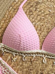 Swim Vcay Bộ bikini Springbreak gồm áo yếm và quần tam giác buộc dây bên hông, chất liệu vải dày dặn, thích hợp cho các bữa tiệc biển mùa hè, bikini họa tiết biển với phụ kiện móc len, bộ bikini phong cách boho. - Hồng - Xem 4