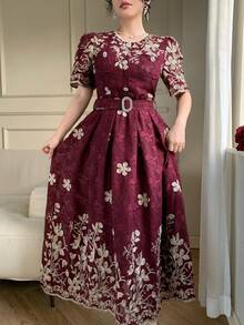 DAZY Exquisite High-End Lace Tie-Cinched Waist Embroidered Delicate Korean Style Elegant Rejuvenating Dress Sun Dresses For Women Summer - Burgundy - View 7