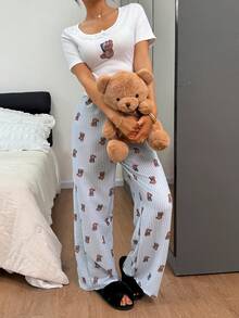 Napfluff Bộ đồ ngủ nữ hình gấu dễ thương, gồm áo ôm sát và quần rộng thoải mái có ren. - Xanh và trắng - Xem 6