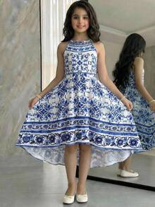 SHEIN Tween Girl Backless Tie-Up Hollow Out Sleeveless Floral Print Asymmetric Hem Maxi Woven Dress - Blue - View 4