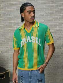GALLERY FADE 男士撞色条纹字母印花镂空针织上衣 - 綠色 - 查看 4