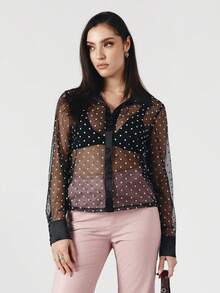 OverBlushhh Women's Black Sheer Polka Dot Blouse Long Sleeve Button Down Shirt Satin Collar Cuff Elegant See Trough Blouse Chic Office Work Date Night Party Top, Spring, Summer - Black - View 1