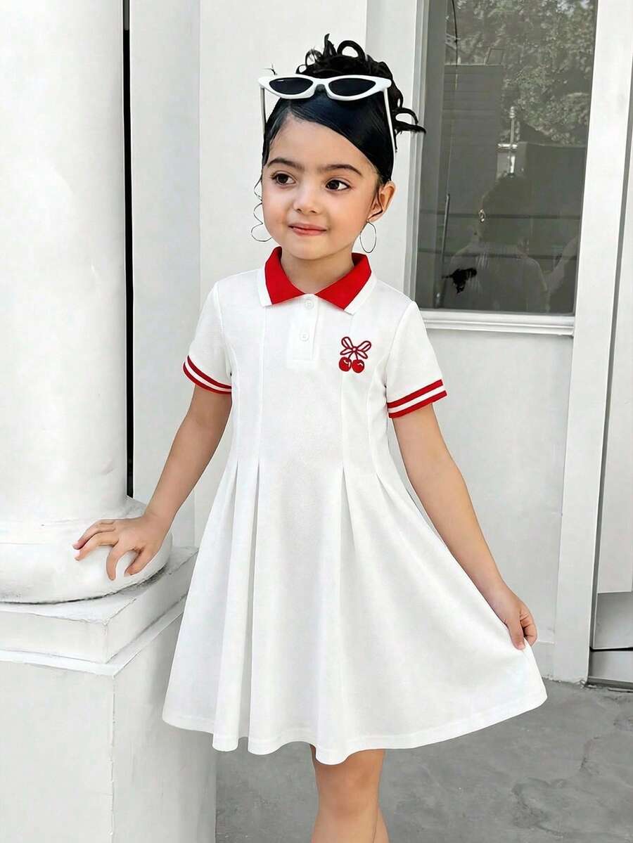 SHEIN Girls' Casual Black Contrast Collar Waist Knit Dress - Burgundy - View 1