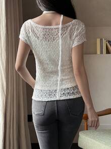 DAZY 春夏蕾丝薄纱沙滩罩衫，休闲度假风，适合情人节、婚礼等场合 - 白色 - 查看 2