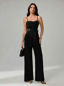 SHEIN Tall 夏季垂褶领黑色连体裤，复古蕾丝镂空阔腿连体裤，婚礼女士连体裤，秋冬连体裤，教师装，复古富贵风连体裤，商务休闲连体裤，早午餐连体裤，外出连体裤，正式场合连体裤 - 黑色 - 查看 5