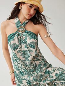 Soleia 女士热带印花露背上衣和裤子两件套，度假海滩风 - 彩色 - 查看 9