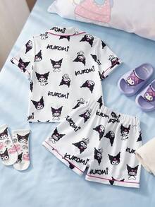 HELLO KITTY AND FRIENDS | SHEIN 女童字母卡通印花短袖上衣和短裤睡衣套装 - 紅白色 - 查看 2