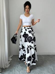 Lyxana Women Jacquard Casual Versatile Date Night Skirt - Black and White - View 8
