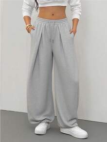 SHEIN Tall 女士秋冬街头风基本款日常休闲外出灰色宽松低腰束口裤 Y2k - 灰色 - 查看 6