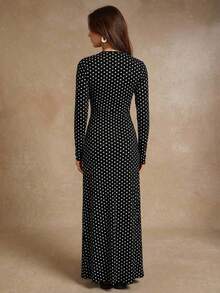 COSMINA Women's Polka Dot Elegant Waist Cinching Long Party Dress - Black and White - View 2