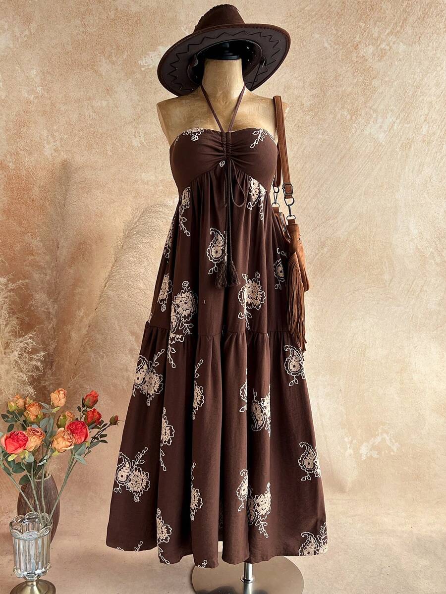 Soleia Women's Minimalist Print Halter Dress, Vacation Style Graphic  Floral Dresses For Women Holiday Dress - Brown - View 1
