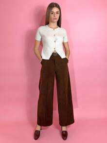 Aless PB Pantalon en velours côtelé marron pour femmes avec détails de conception, ceinture rétro vintage, convient pour le trajet, le bureau et les tenues décontractées, automne/hiver - Tabac - Voir 3