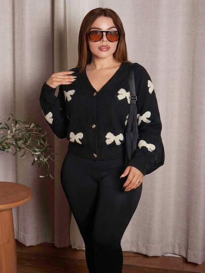 Lupita Cardoza Áo khoác cardigan cài nút trang trí nơ thường ngày cho nữ mùa thu đông