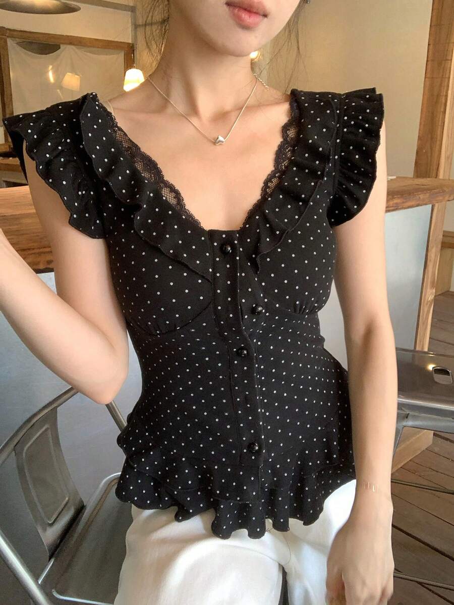 DAZY Women's Ruffled Polka Dot Korean Style Summer T-Shirt - Black - View 1