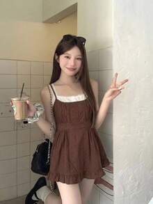 DAZY 女士格子撞色夏季蕾丝边吊带背心 - 咖啡棕 - 查看 6