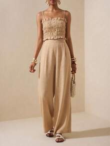 Zivah Women's Solid Color Frill Trim Camisole And Wide Leg Pants 2 Pieces Set, Casual For Dating, Daily Wear, Vacation, Commute, Spring/Summer Elegant Outfit 2 Piece Brunch Outfits For Women 2 Piece Ladies Two Piece Outfits - Brown - View 15